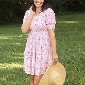 Draper James Pink Floral Lee Ann Magnolia Stretch Puff Sleeve Dress size Small